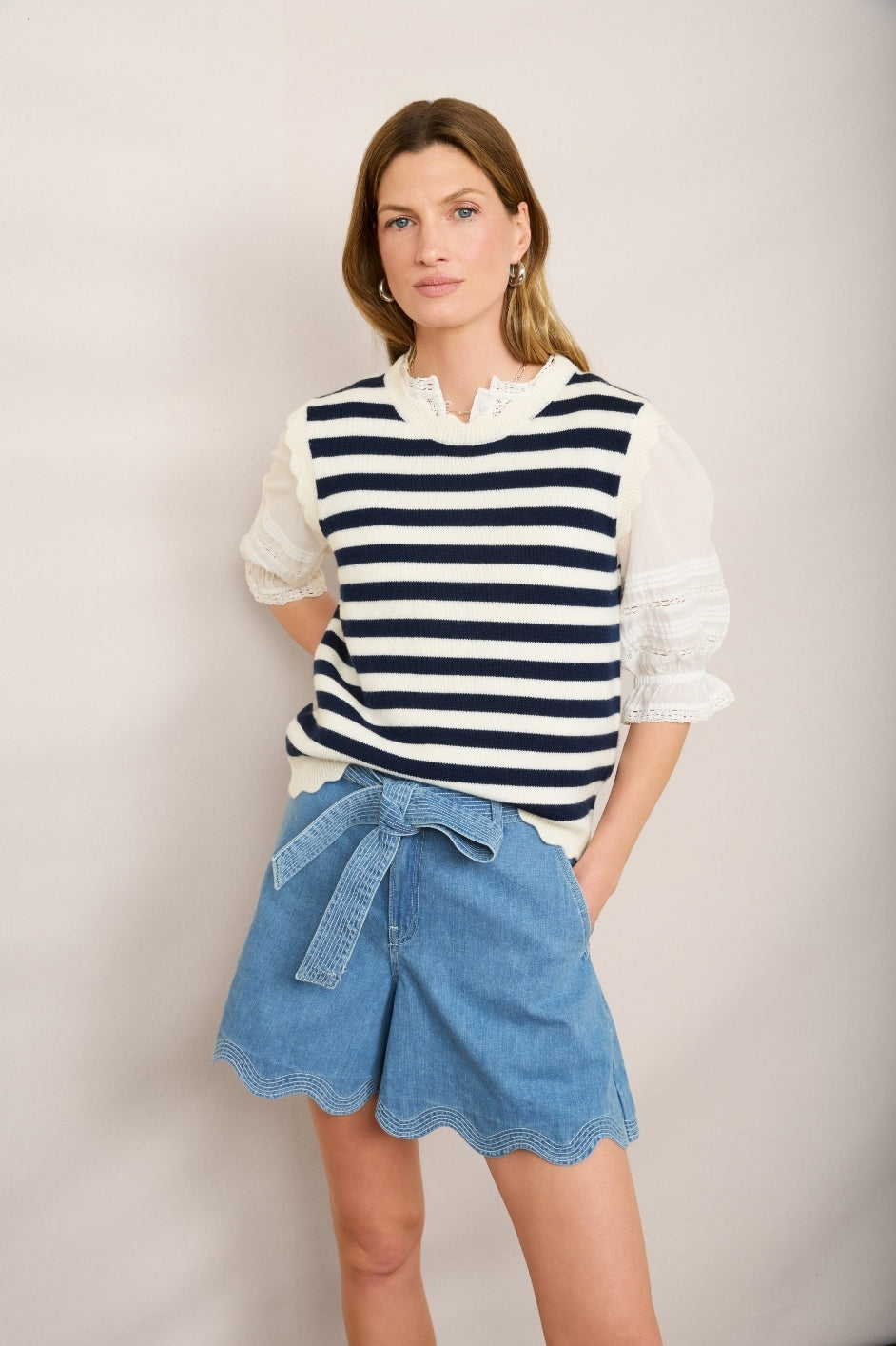 Fleurine Scallop Tank - Midnight/ Ecru Stripe