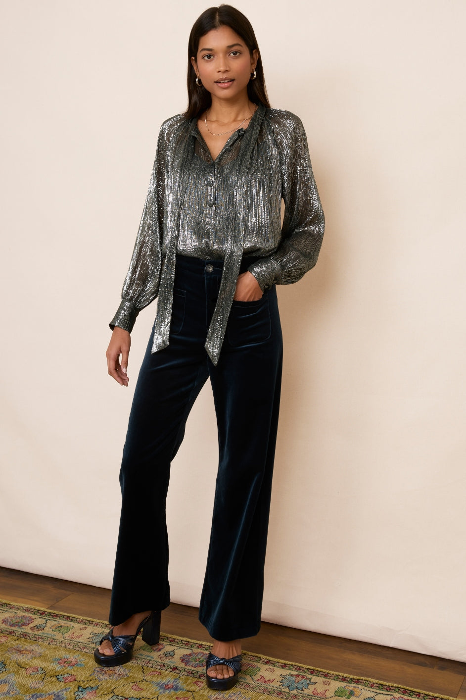 Mila Silk Blend Lame Blouse - Silver