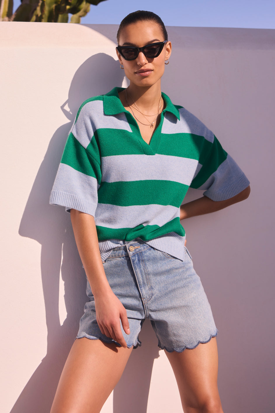 DB X Wyse Stripe Polo Jumper - Jade Green/French Blue