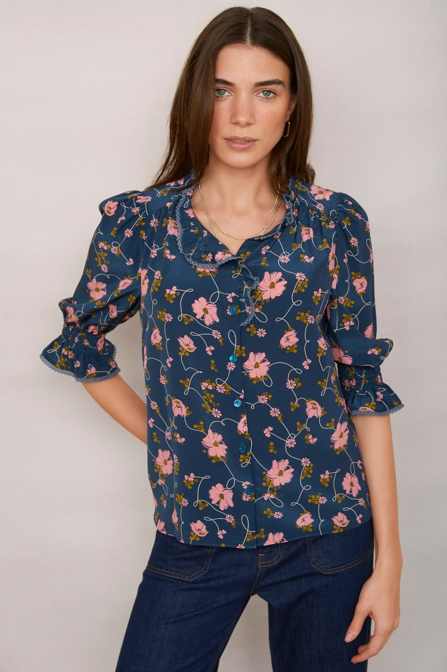 Francine Silk Blouse - Navy Floral