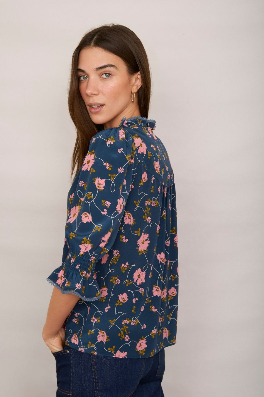 Francine Silk Blouse - Navy Floral