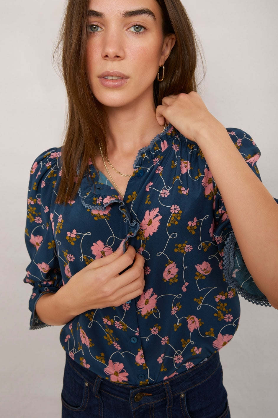 Francine Silk Blouse - Navy Floral