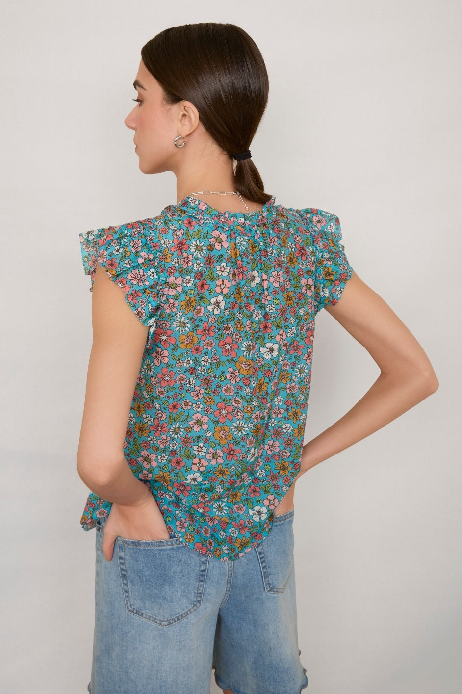 Georgia Silk Blouse - Teal Retro Floral