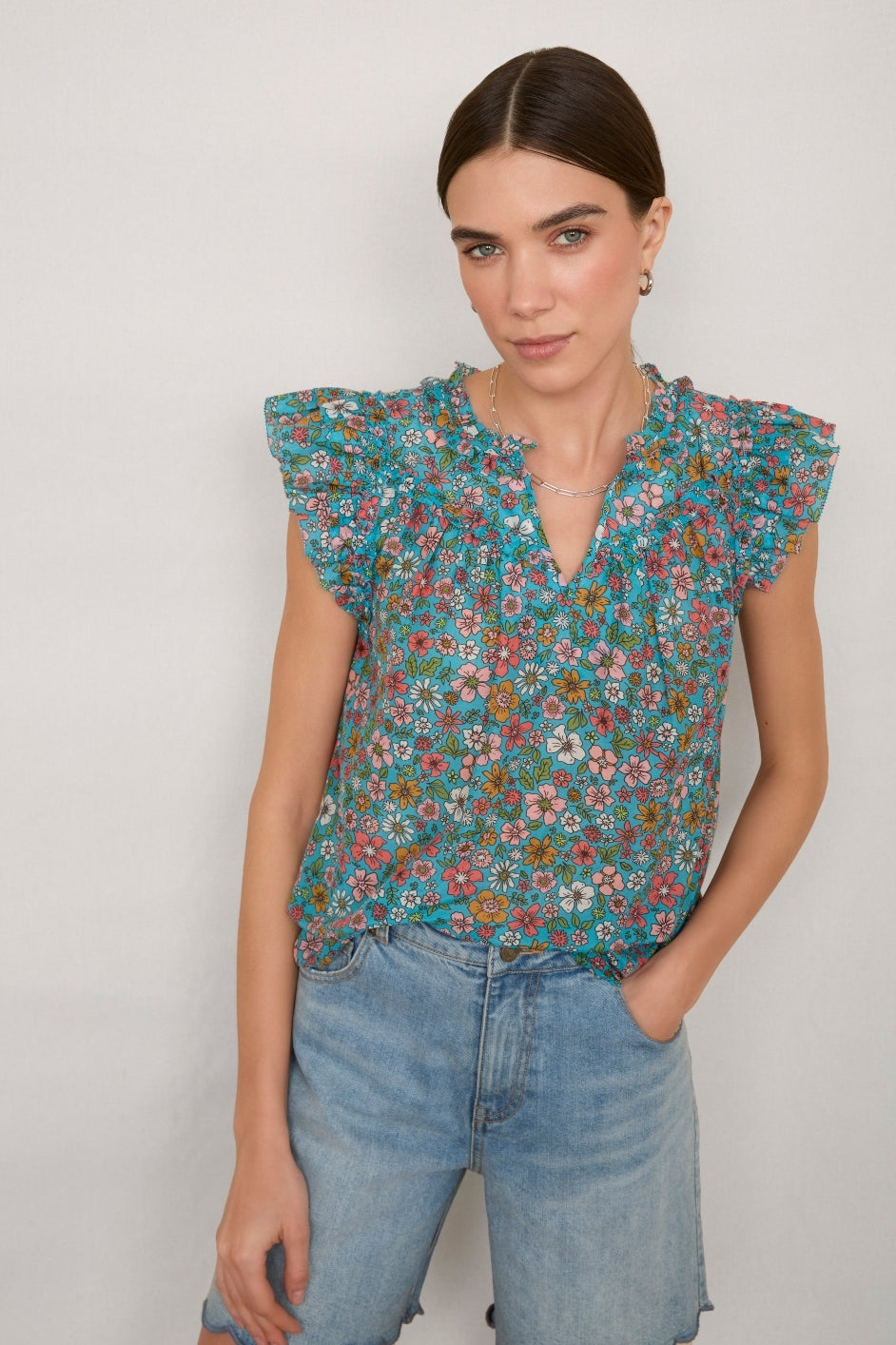 Georgia Silk Blouse - Teal Retro Floral