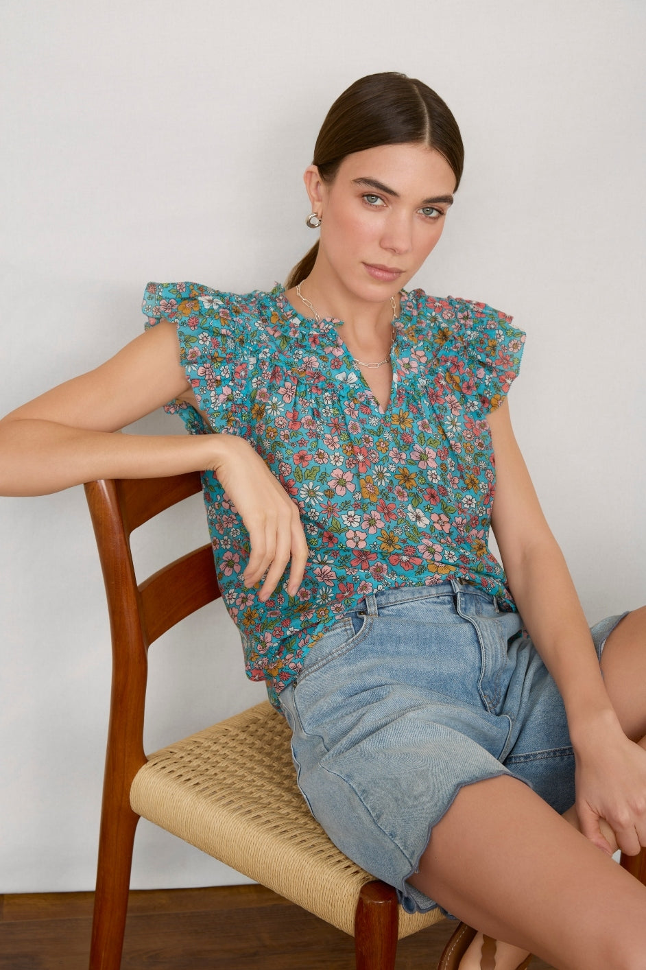 Georgia Silk Blouse - Teal Retro Floral