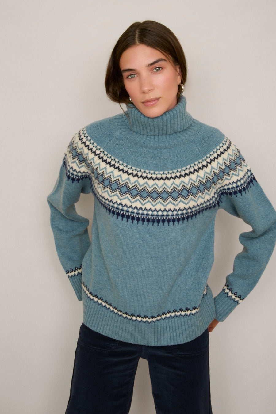 Iris Fairisle Roll Neck Jumper - Denim Blue