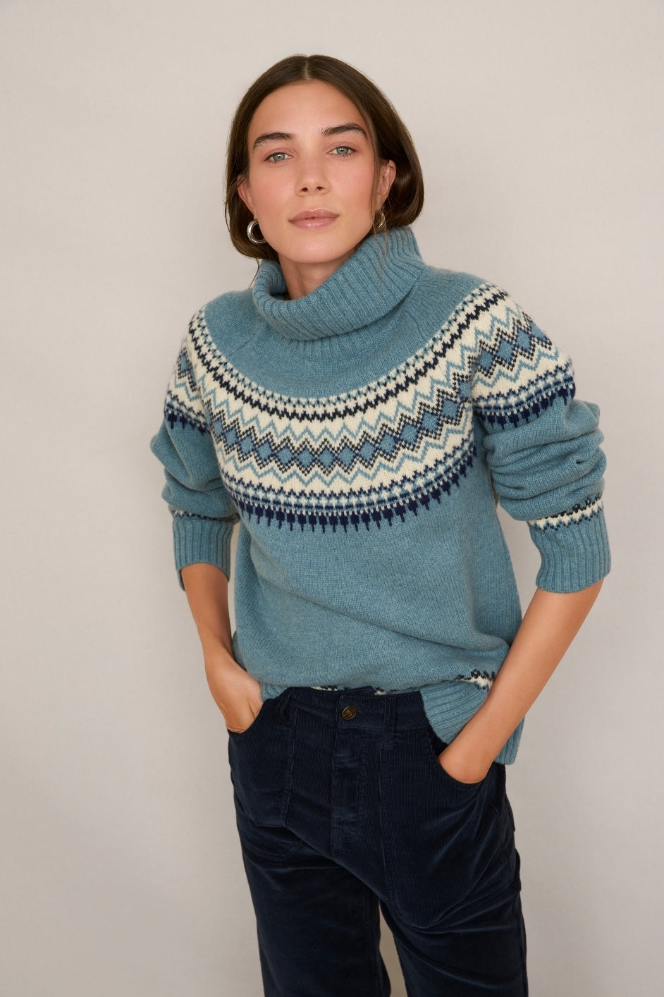 Iris Fairisle Roll Neck Jumper - Denim Blue