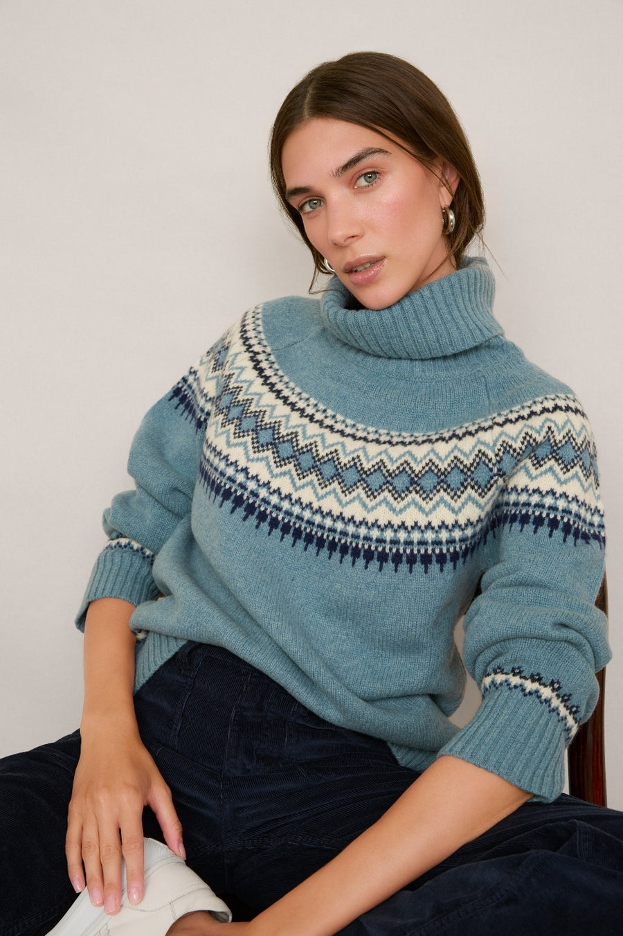 Iris Fairisle Roll Neck Jumper - Denim Blue