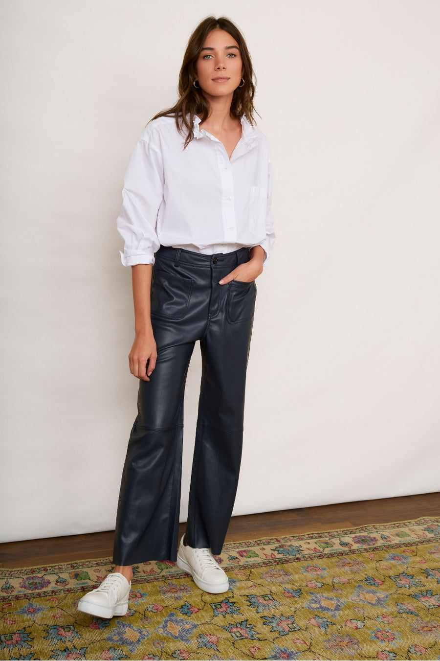 ZW NAVY STRAIGHT-LEG HIGH-WAIST FAUX LEATHER TROUSERS - Black