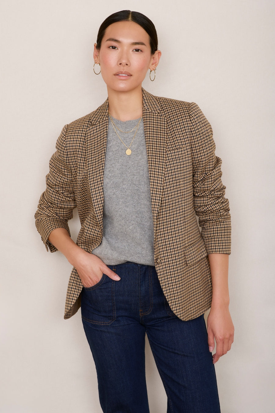 Leia Blazer - Tan Mini Check