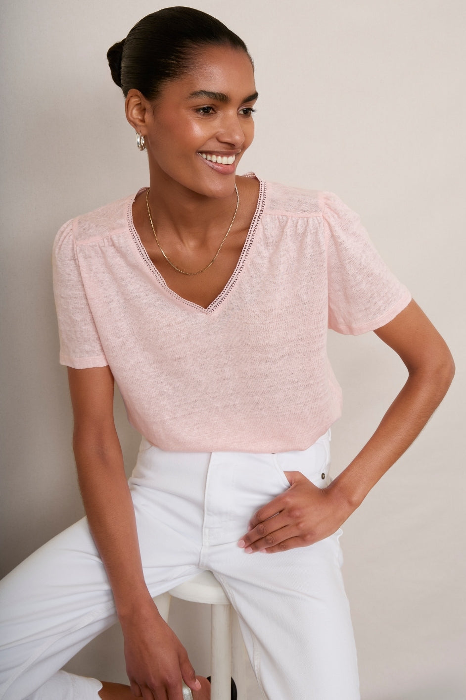 Lily Linen Tee Lace Trim - Pink