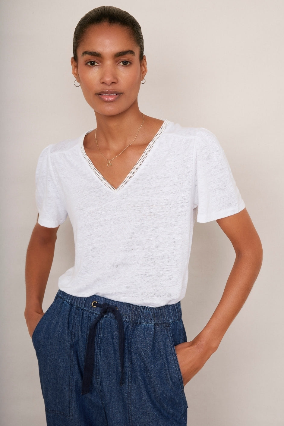 Lily Linen Tee Lace Trim - White