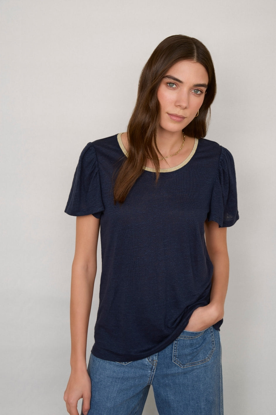 Lily Linen Round Neck Tee Shirt - Midnight