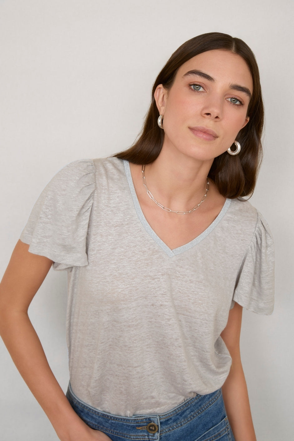 Lily Linen Shimmer Tee Shirt - Silver