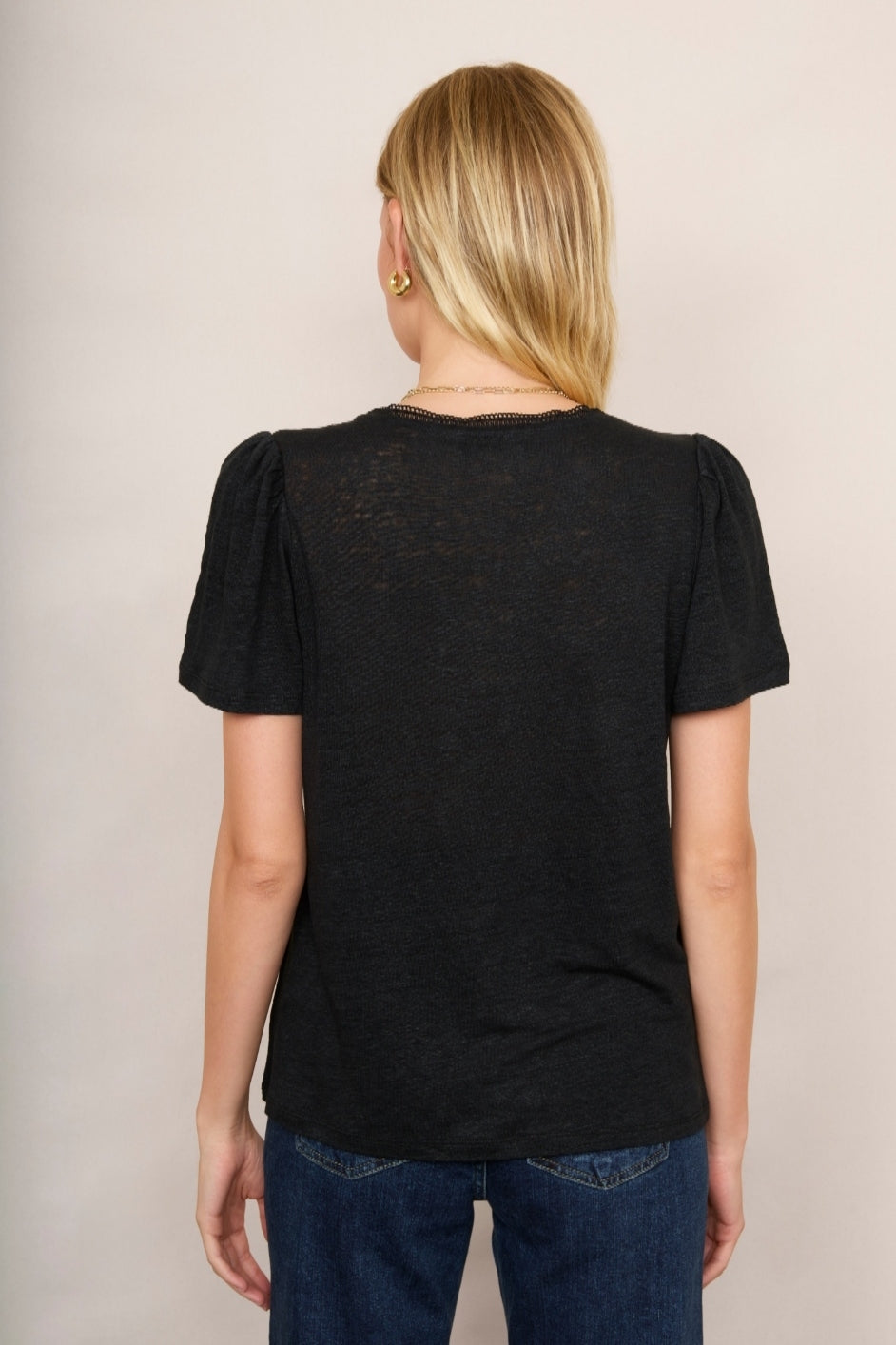 Lily Linen Tee Lace Trim - Black