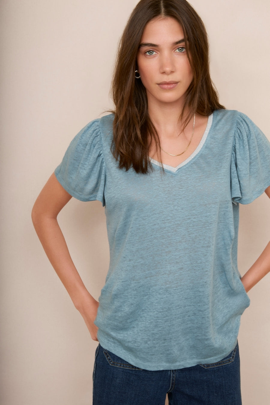 Lily Linen Tee Shimmer Trim - Denim Blue