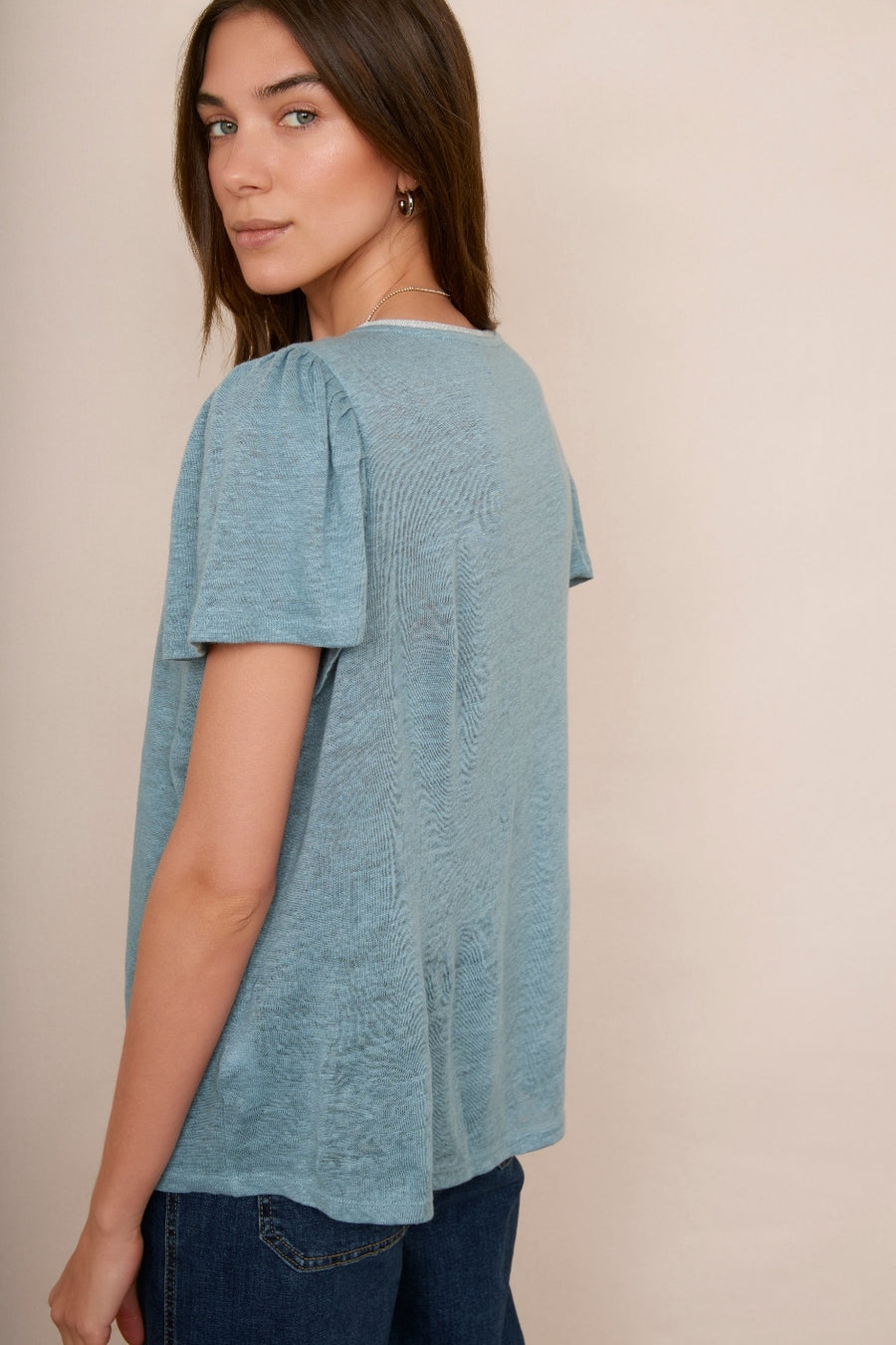 Lily Linen Tee Shimmer Trim - Denim Blue