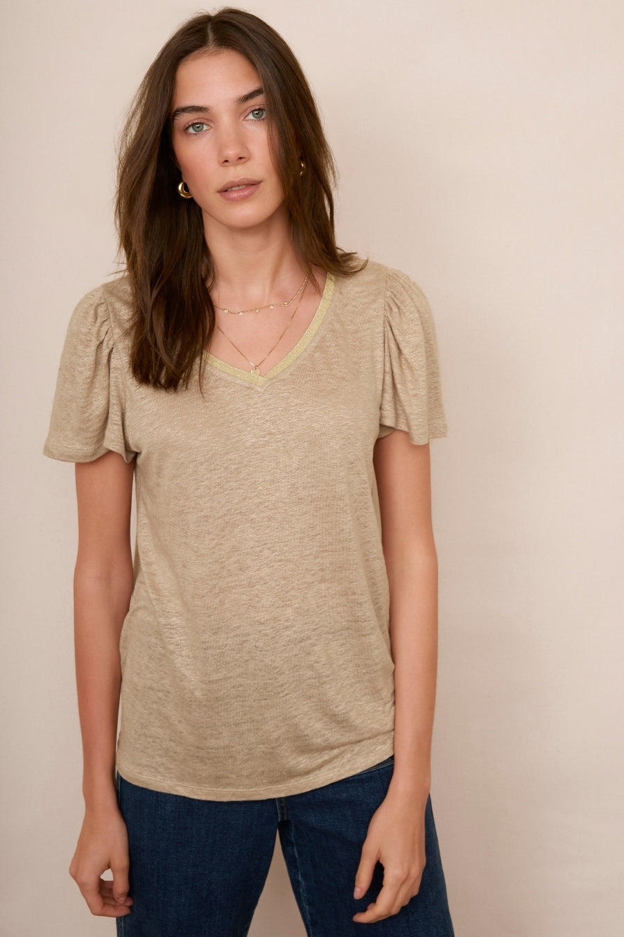 Lily Linen Tee Foil Print - Oat/Gold