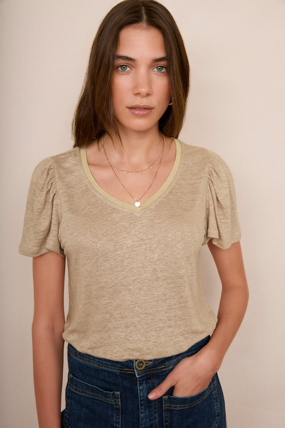 Lily Linen Tee Foil Print - Oat/Gold