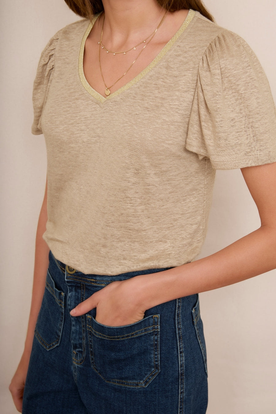 Lily Linen Tee Foil Print - Oat/Gold