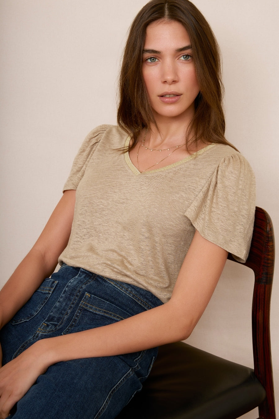 Lily Linen Tee Foil Print - Oat/Gold