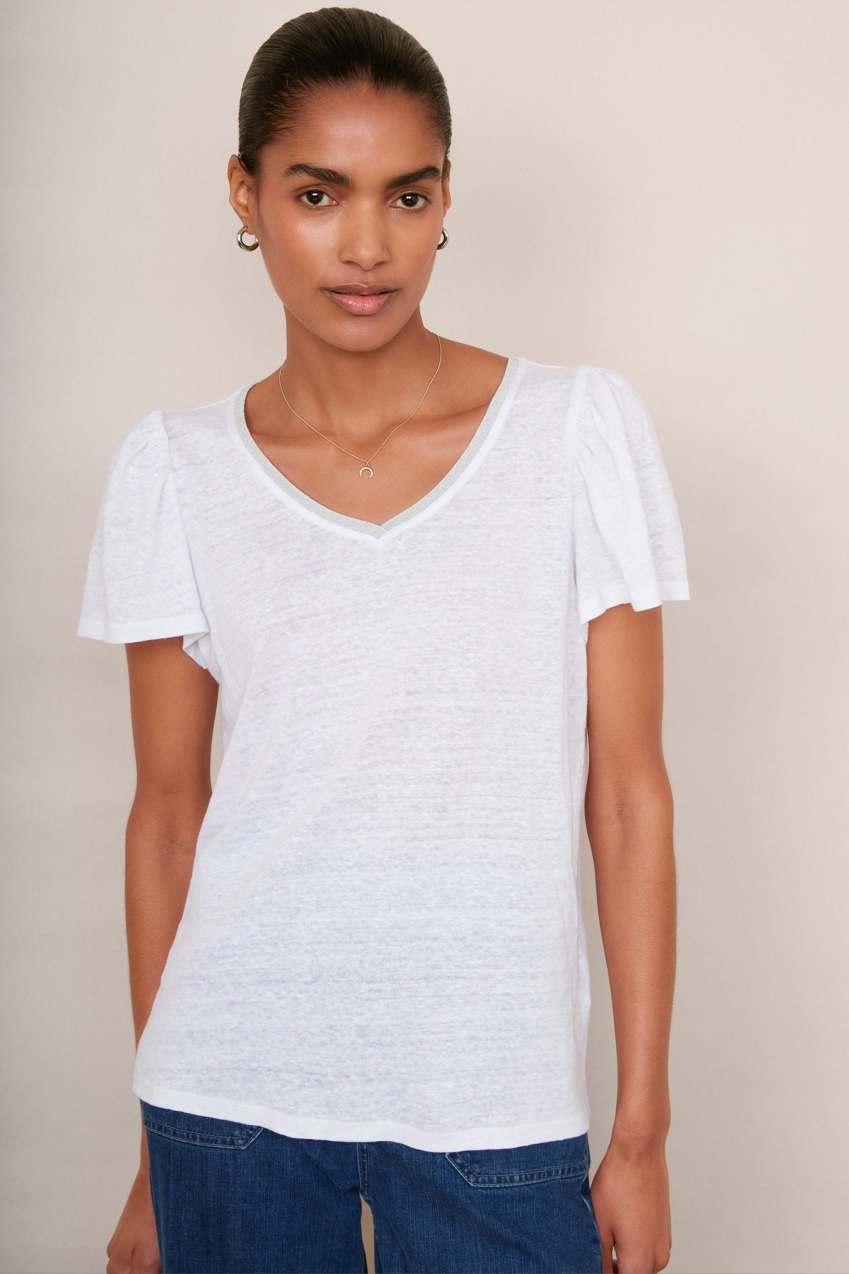 Lily Linen Tee Shimmer Trim - White/Silver