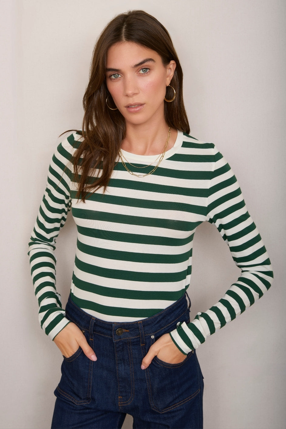 Marnie Long Sleeve Jersey Top - Green/Ivory Stripe