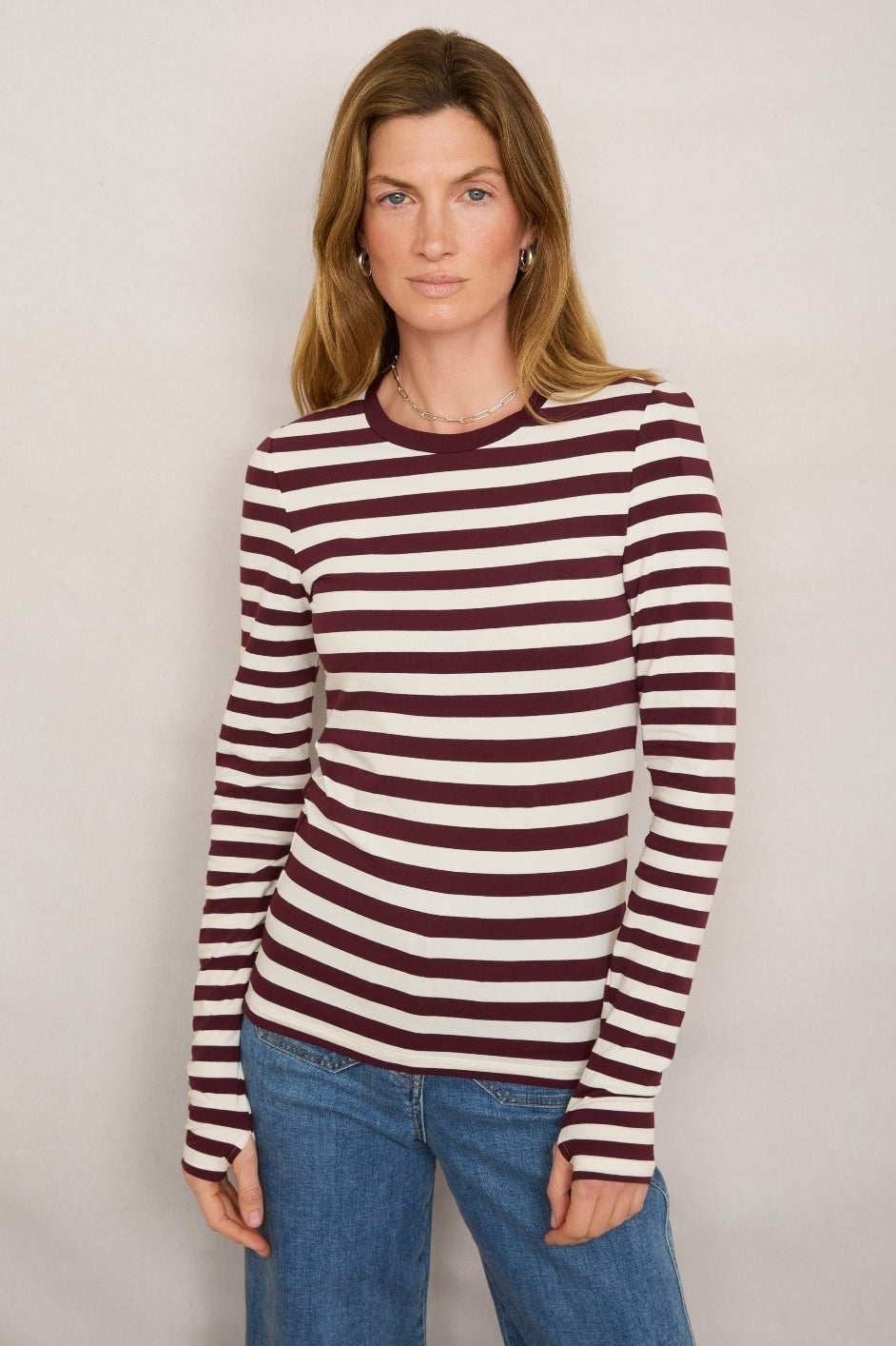 Marnie Long Sleeve Jersey Top - Plum/Ivory Stripe