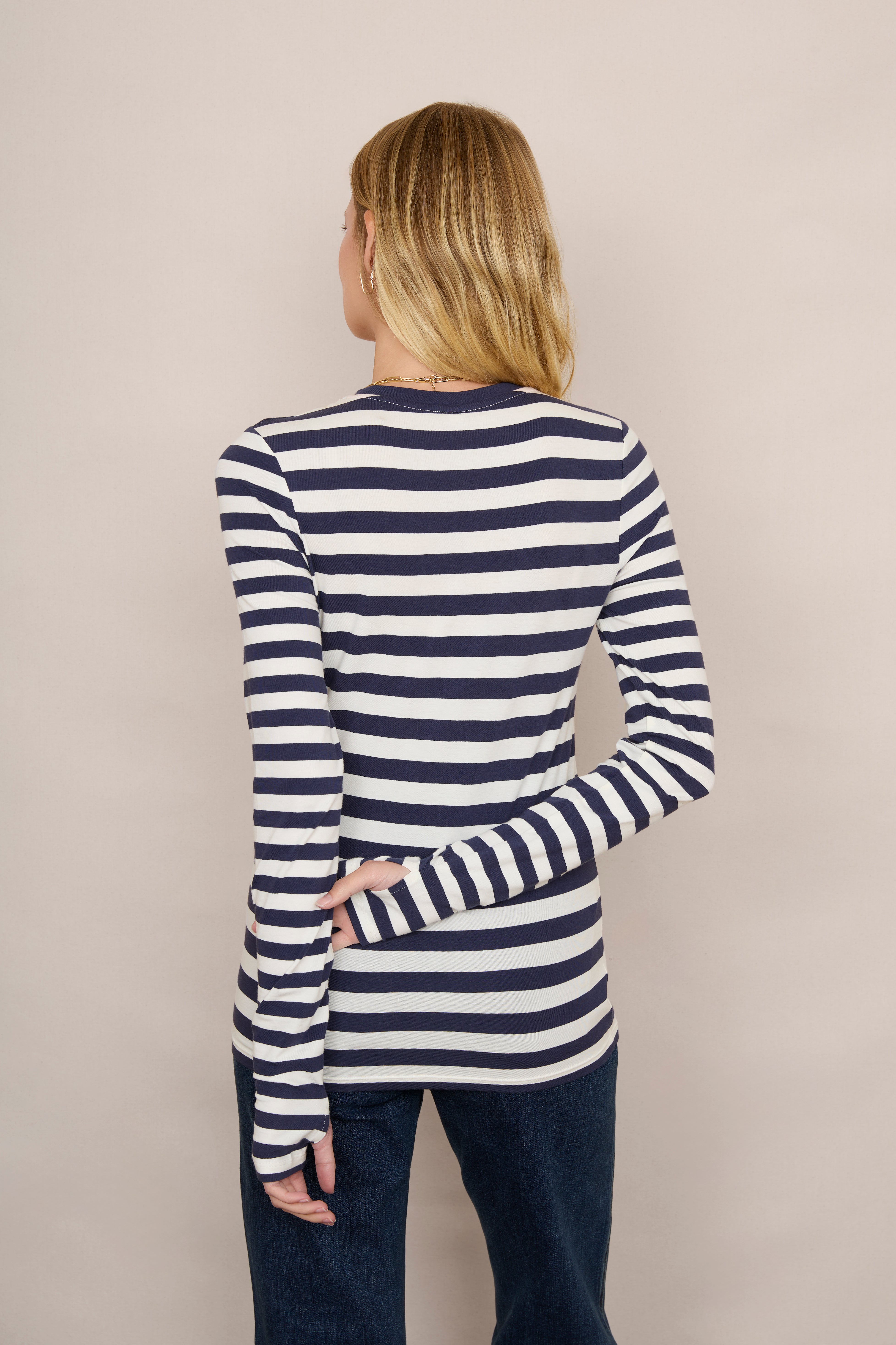 Marnie Long Sleeve Jersey Top - Midnight/Ivory Stripe