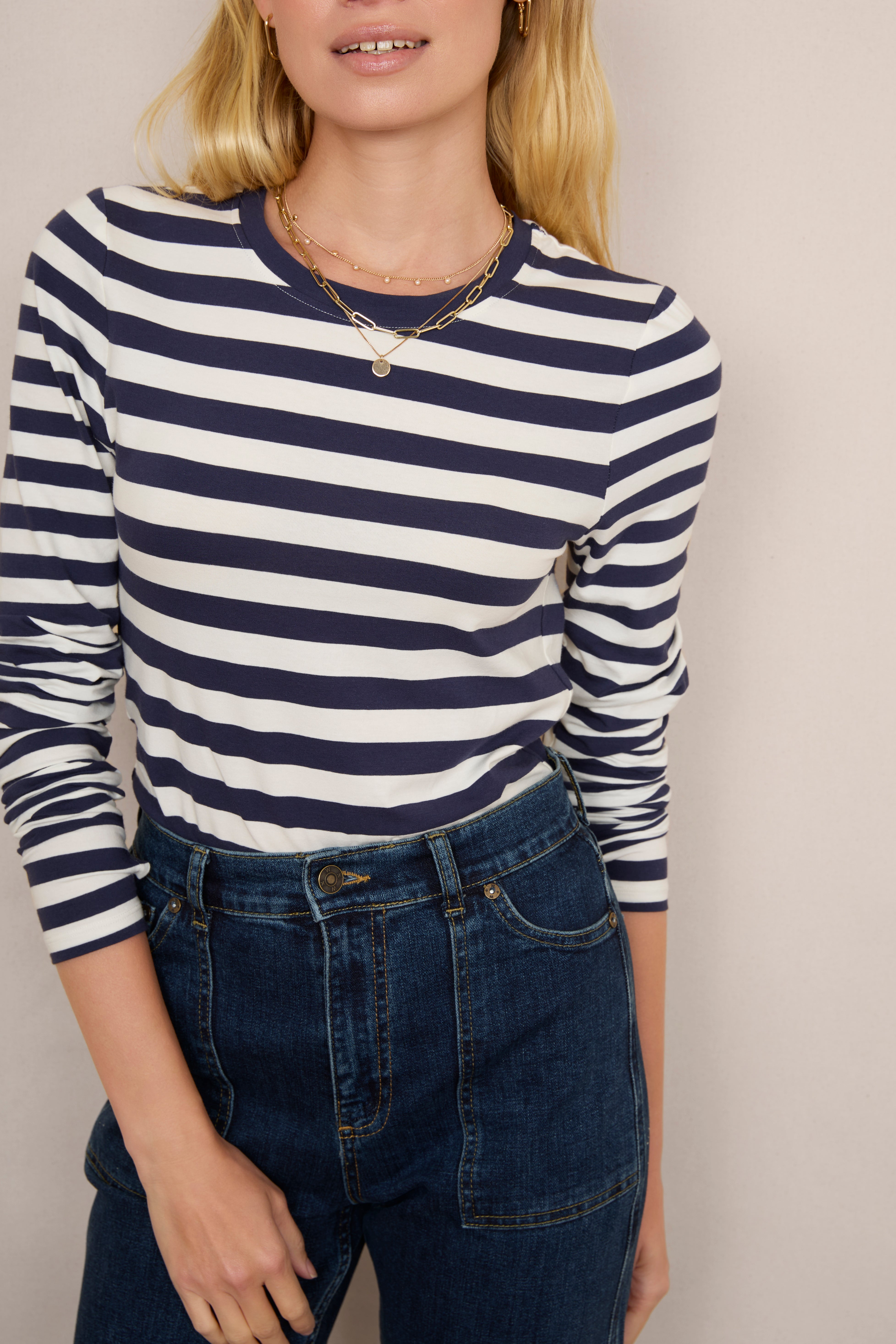 Marnie Long Sleeve Jersey Top - Midnight/Ivory Stripe