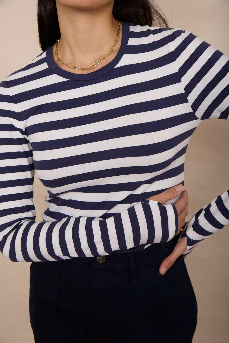 Marnie Long Sleeve Jersey Top - Midnight/Ivory Stripe