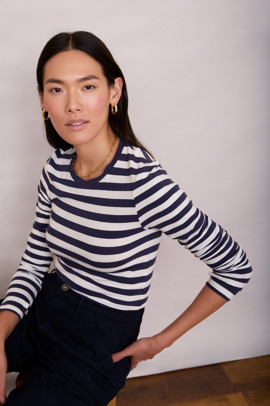 Marnie Long Sleeve Jersey Top - Midnight/Ivory Stripe