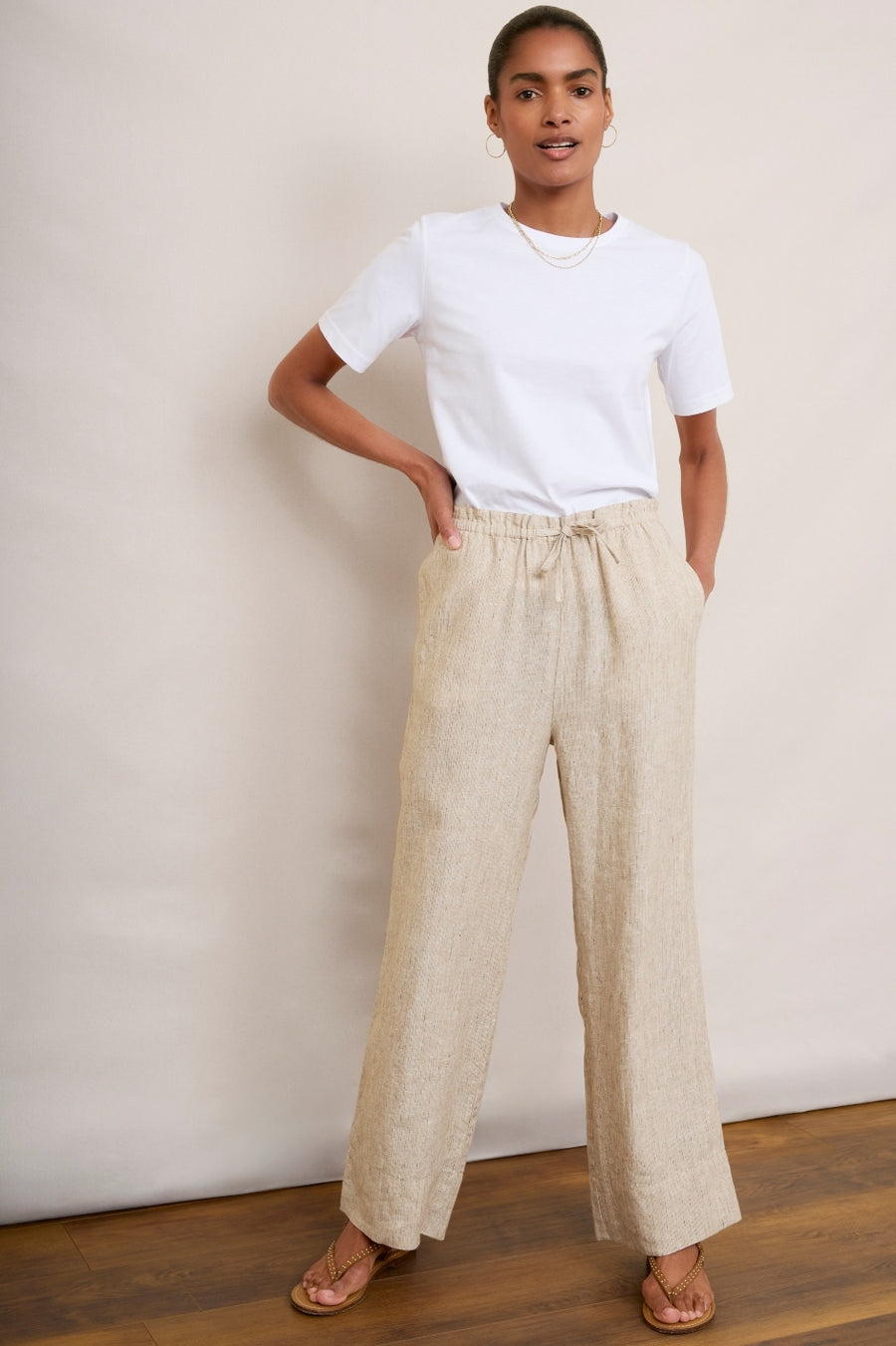 Melina Linen Trouser - Beige/Ivory