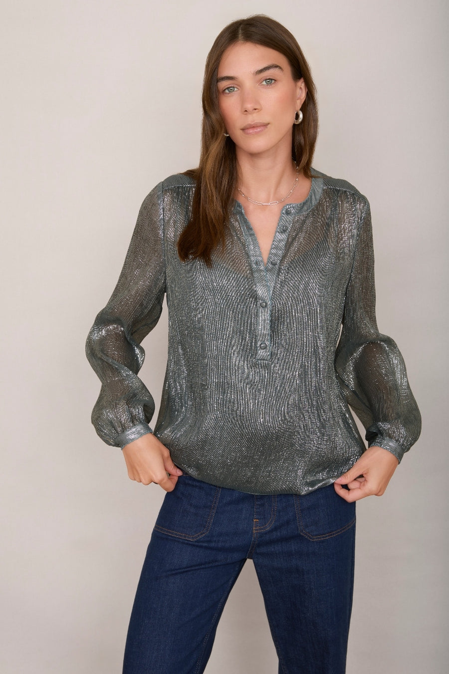 Pia Silk Blend Lame Blouse - Blue Shimmer