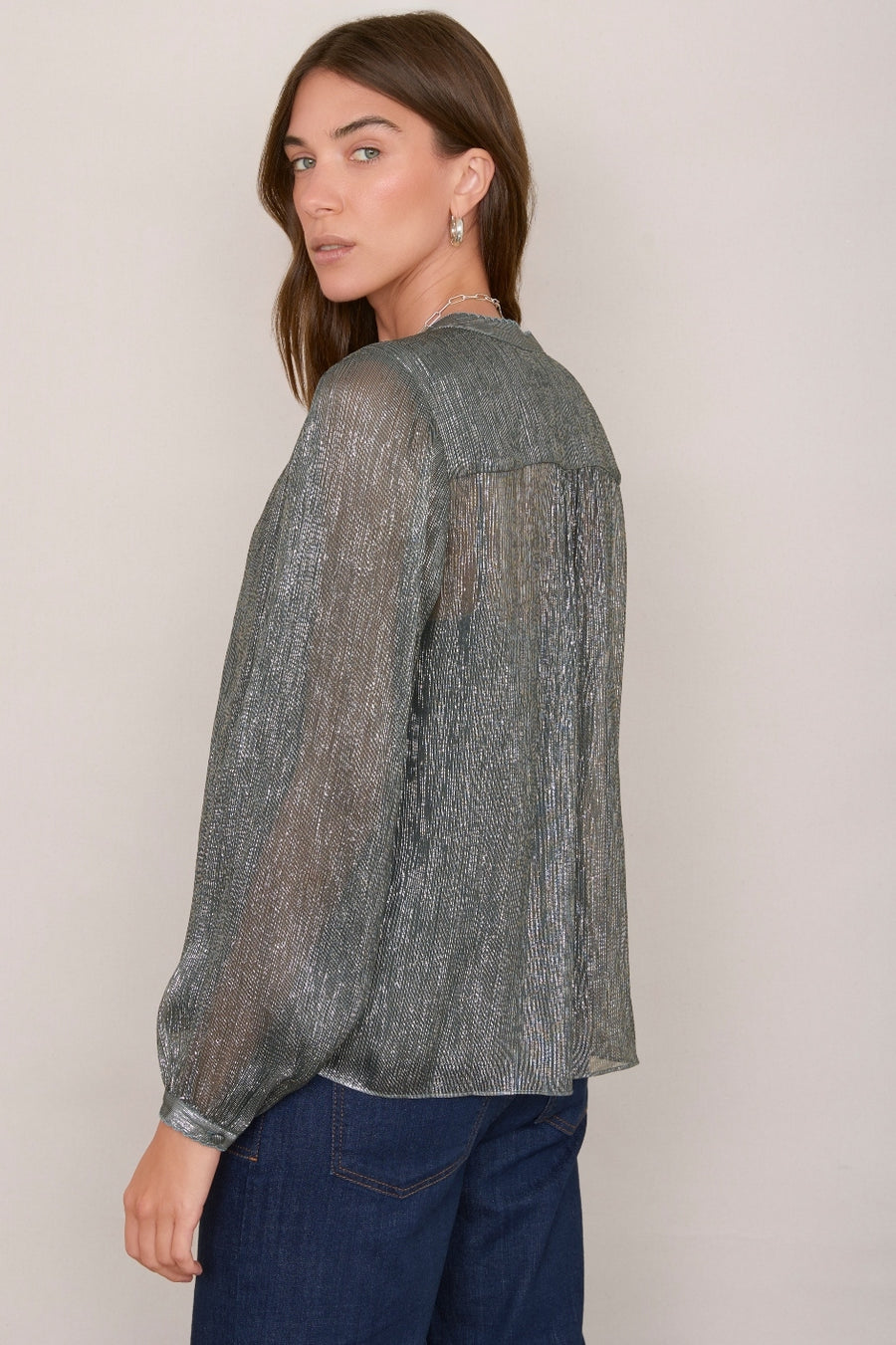 Pia Silk Blend Lame Blouse - Blue Shimmer