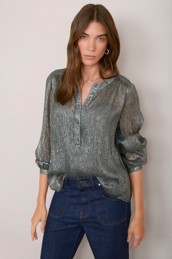 Pia Silk Blend Lame Blouse - Blue Shimmer