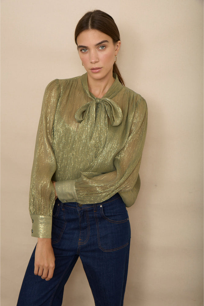 Mila Silk Blend Lame Blouse - Gold Shimmer