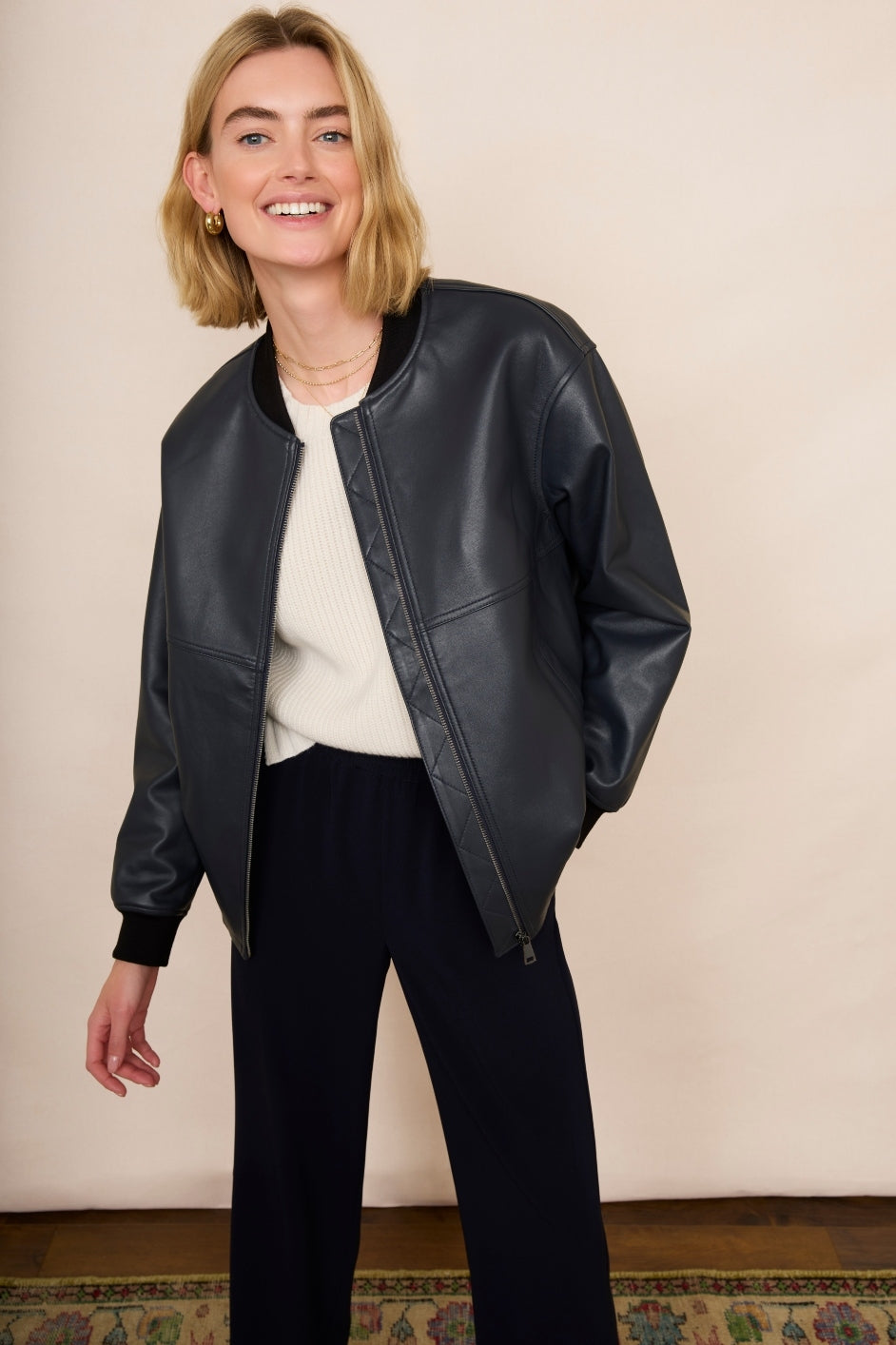 Milana Leather Bomber Jacket - Blue/Black