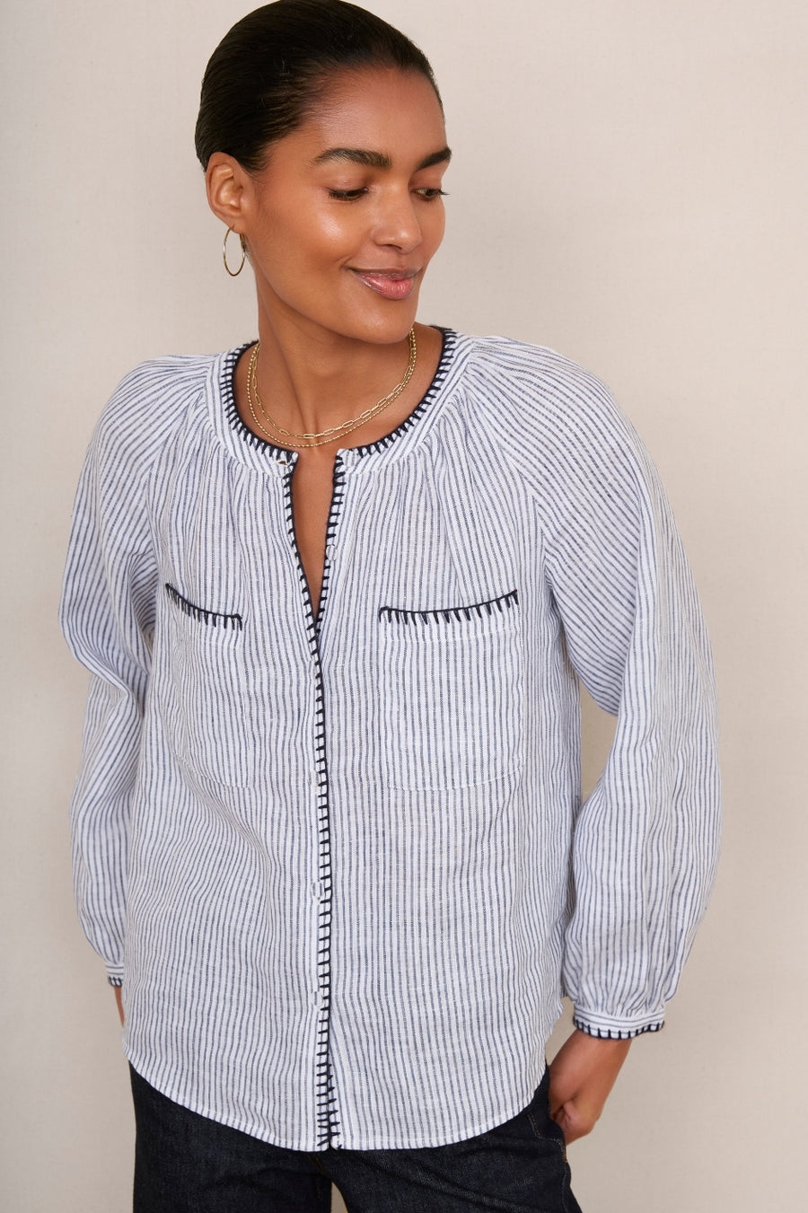 Monica Linen Shirt - Blue/Ivory