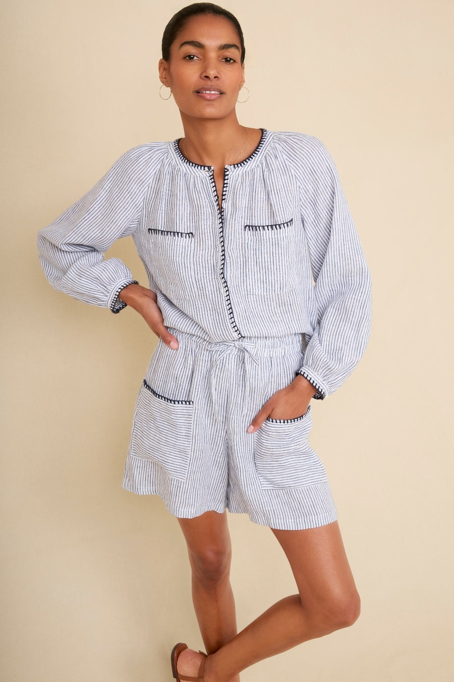 Monica Linen Shirt - Blue/Ivory