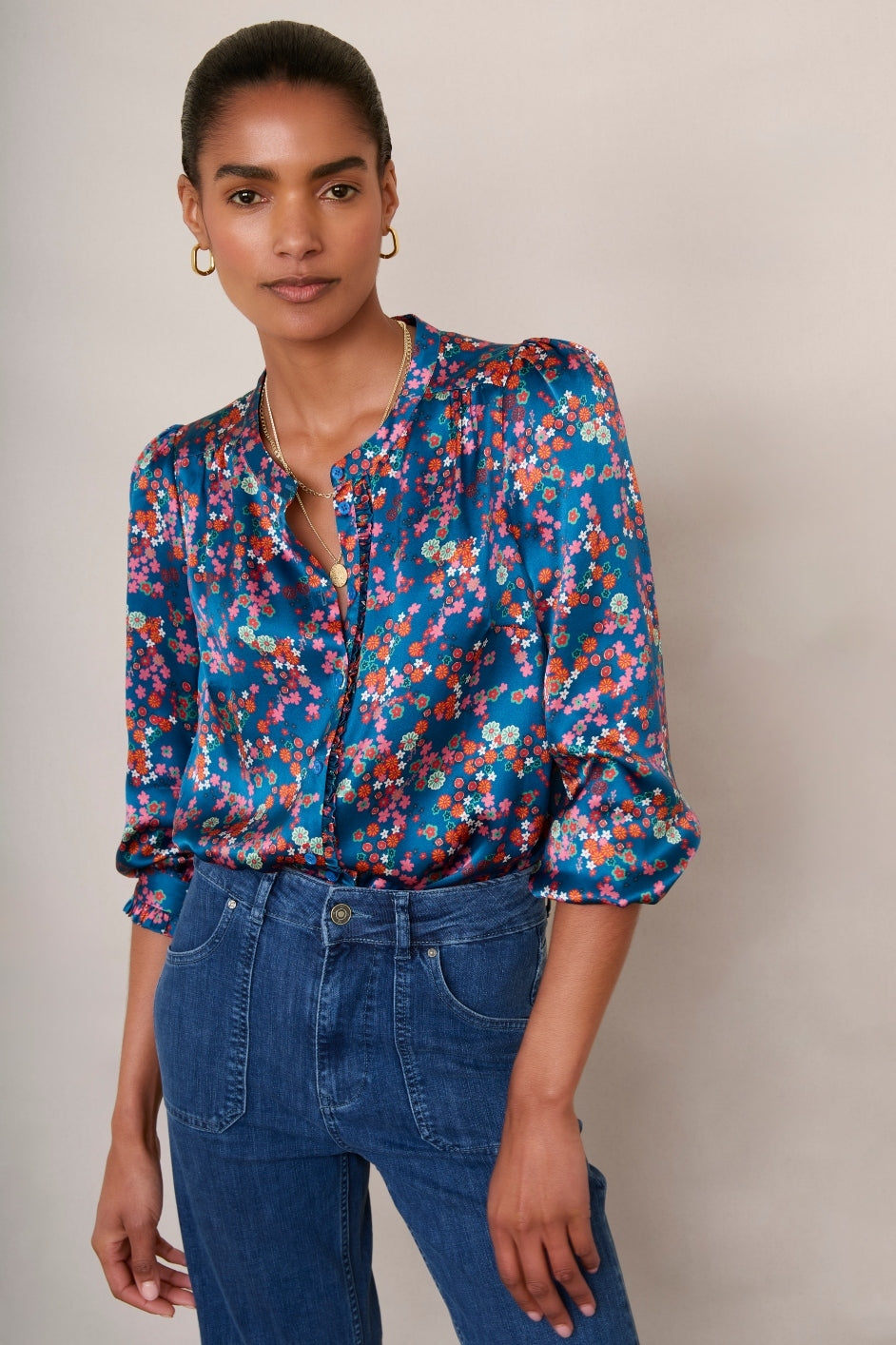 Norah Silk Blouse - Pink Blue Floral