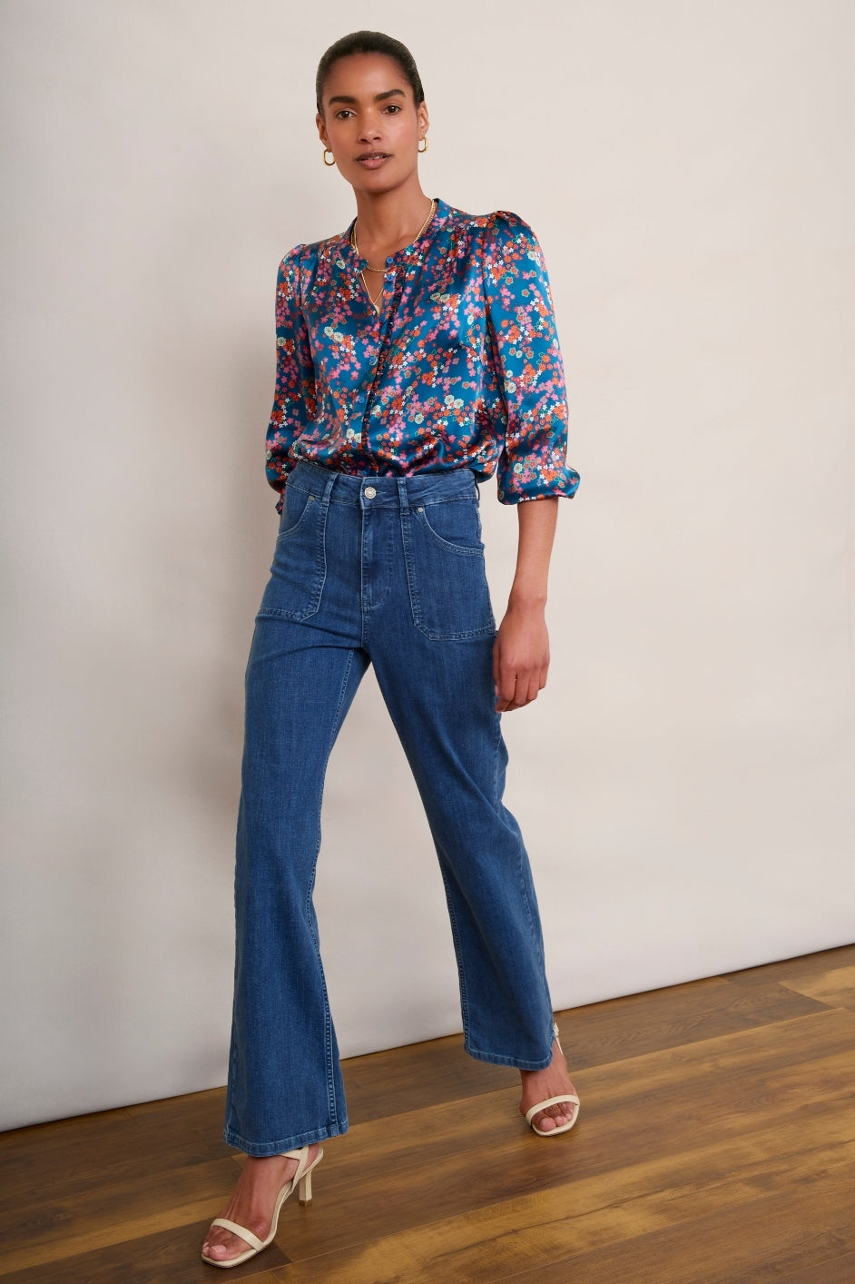 Norah Silk Blouse - Pink Blue Floral