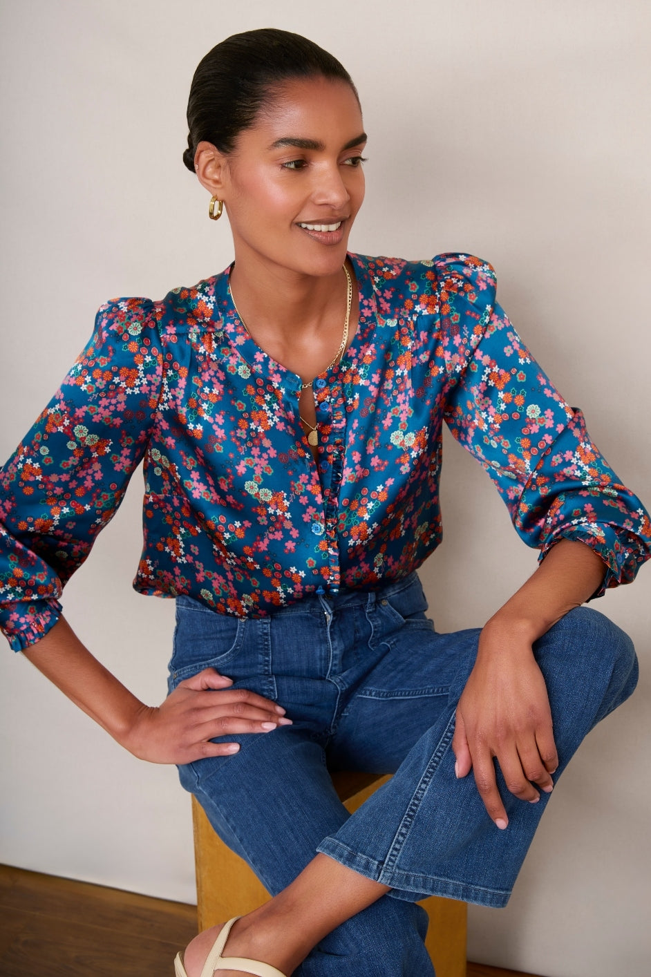 Norah Silk Blouse - Pink Blue Floral