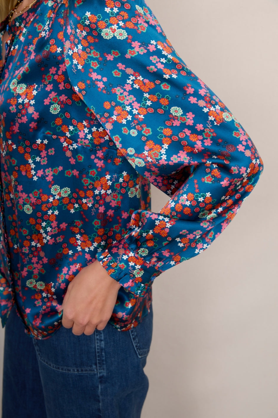 Norah Silk Blouse - Pink Blue Floral