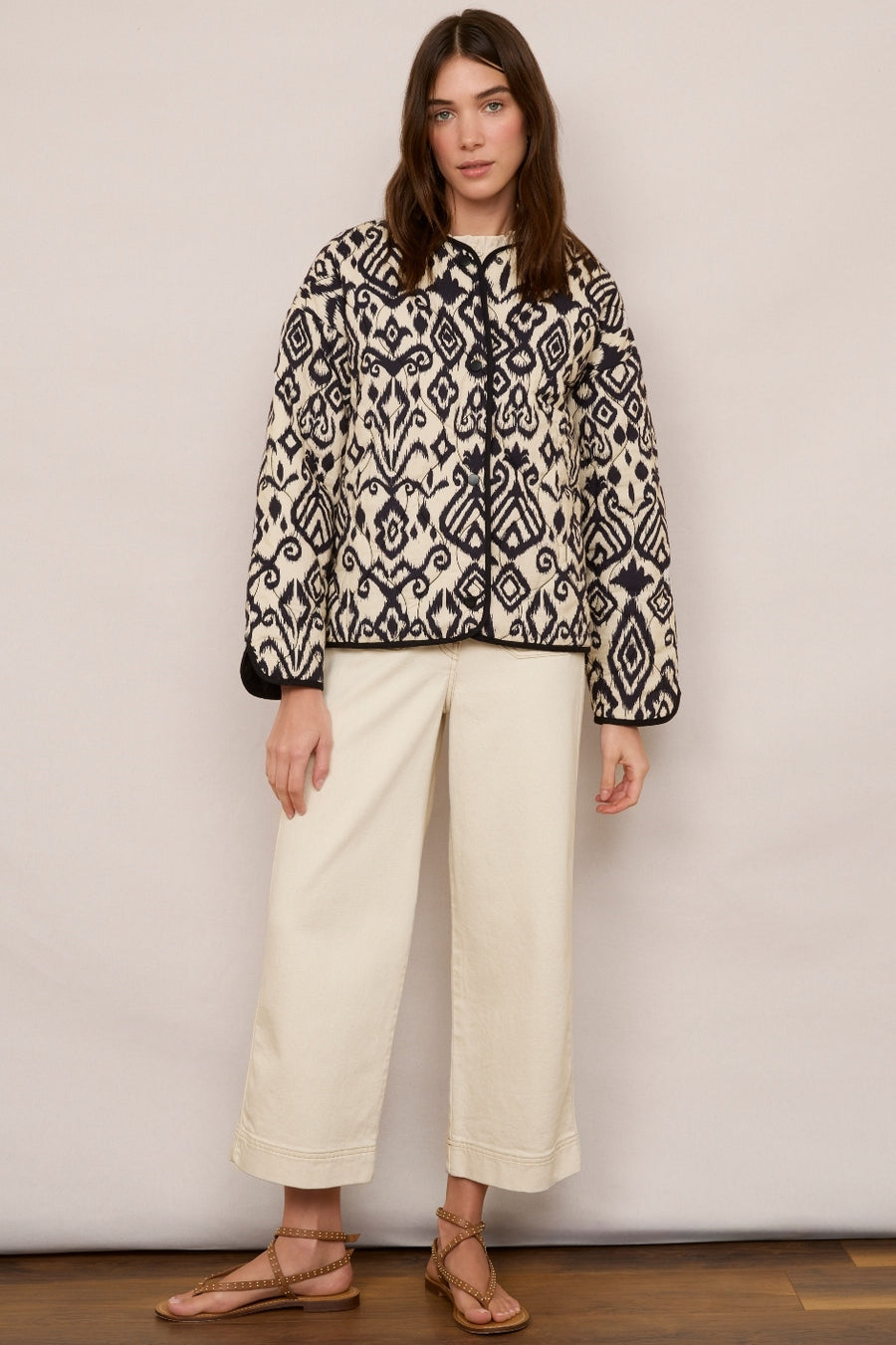 Olive Quilted Jacket - Ivory/Black Ikat