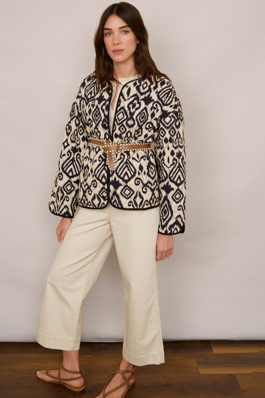 Olive Quilted Jacket - Ivory/Black Ikat