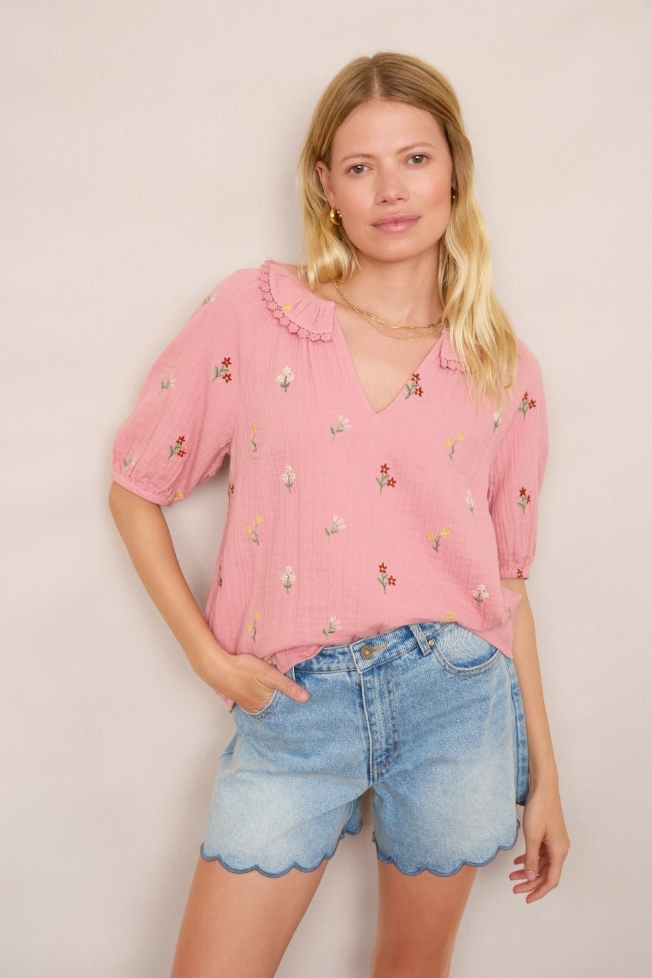 Ophelie Top - Pink Embroidered