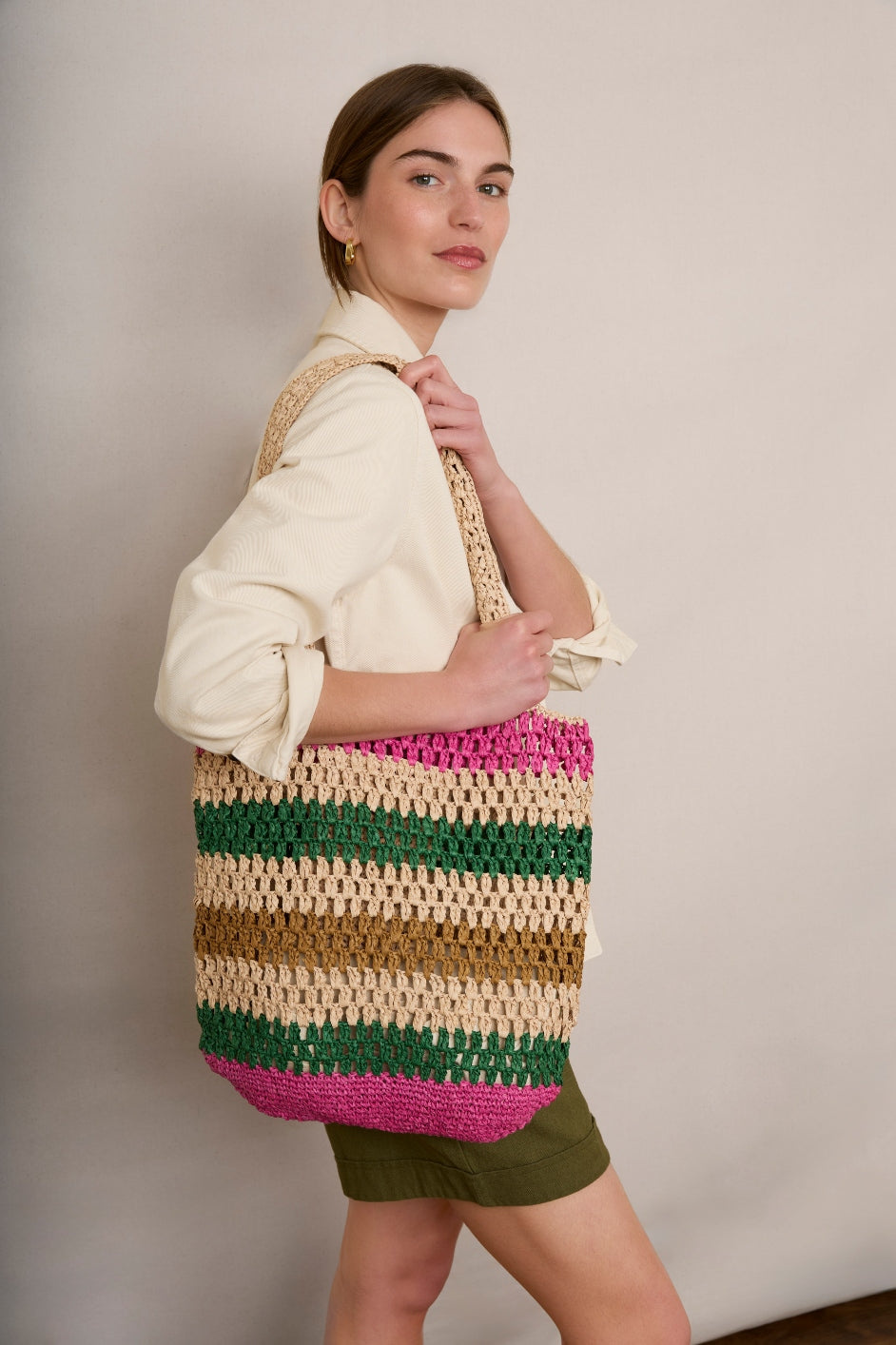 Orla Raffia Bag - Pink/Green Stripe