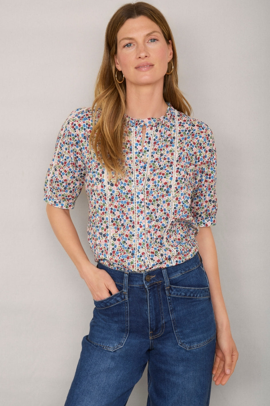 Pansy Pintuck Blouse - Ivory Ditsy Floral