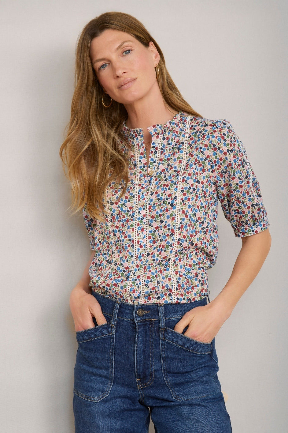 Pansy Pintuck Blouse - Ivory Ditsy Floral